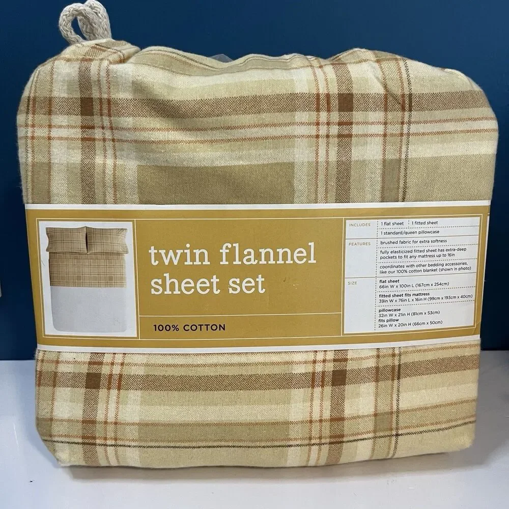 Martha Stewart Cabin Plaid Flannel Sheet Set TWIN Neutral Autumn Yellow NEW